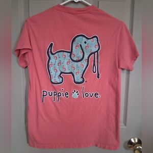 Puppie Love 100% Cotton Coral Tee with Flamingo Dog Graphic - Small